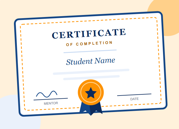 A certificate of completion with a gold seal and ribbon